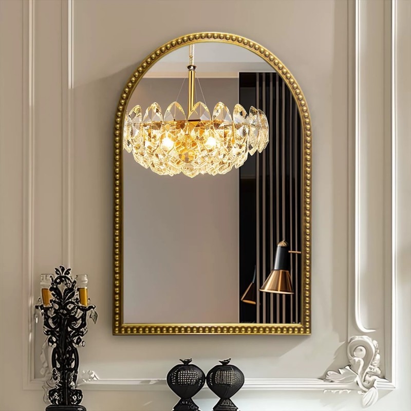 French Retro Beads Framed Arch Silver Wall Mirror