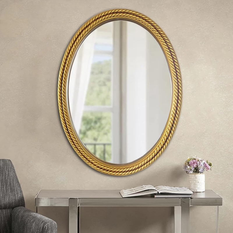French Vintage Wheat Edge Decorative Oval Silver Wall Mirror