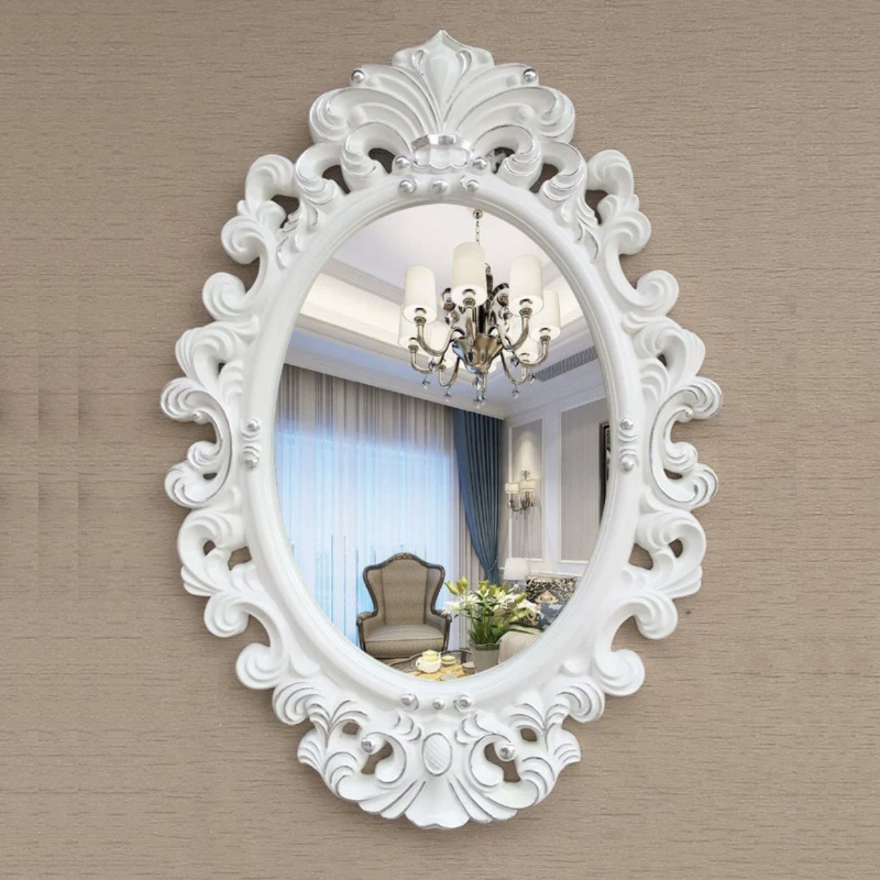 Barocco Style Gold/Silver/White With Silver Framed Oval Silver Wall Mirror Model A-White With Silver