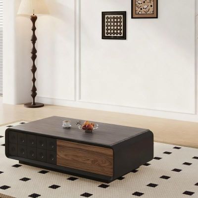 Vintage-Inspired Wood and Stone Rectangular Coffee Table