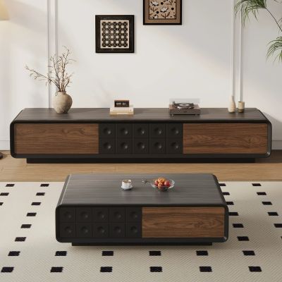 Vintage-Inspired Wood and Stone Rectangular Coffee Table