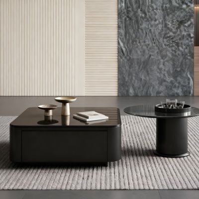 Modern Square & Round Black Glass Coffee Table Set