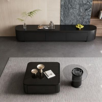 Modern Square & Round Black Glass Coffee Table Set