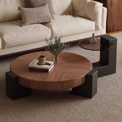 Modern Walnut & Black Wood Round Coffee Table with Drawers Set of 2