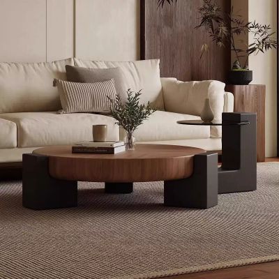 Modern Walnut & Black Wood Round Coffee Table with Drawers Set of 2