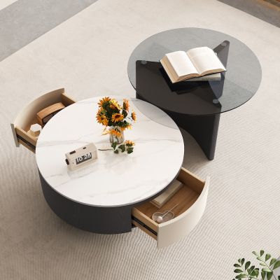 Eclipse Round Wood & Glass Coffee Table with Storage Set of 2