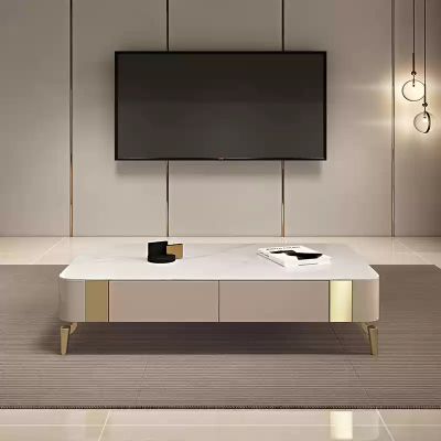 Beige Sintered Stone and Metal Legs Coffee Table