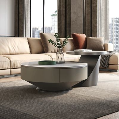 Modern Beige Sintered Stone and Metal Base Round Coffee Table Set of 2