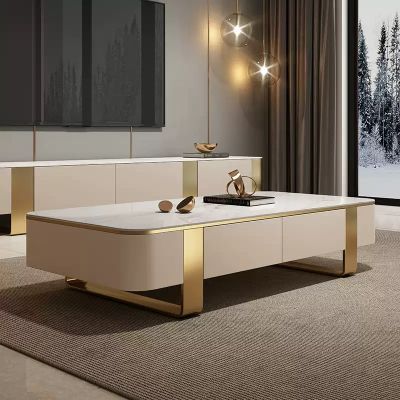 Modern Beige Sintered Stone and Metal Sled Legs Coffee Table