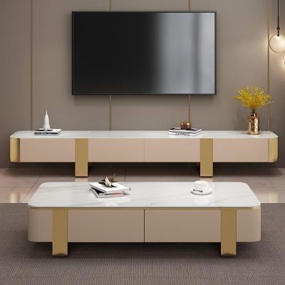 Modern Beige Sintered Stone and Metal Sled Legs Coffee Table