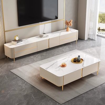 Glam Beige Sintered Stone and Metal Legs Coffee Table