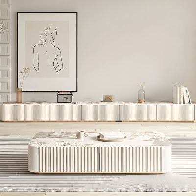 Minimalist Beige Sintered Stone Rectangular TV Stand/TV Unit Cocktail Table
