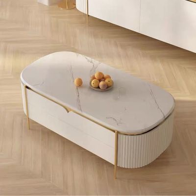 Modern Sintered Stone Oval Coffee Table with 4 Drawers