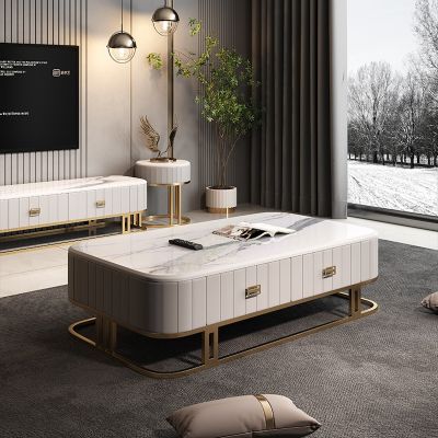 Leather Sintered Stone Rectangle Coffee Table with Sled Metal Legs