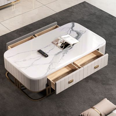 Leather Sintered Stone Rectangle Coffee Table with Sled Metal Legs