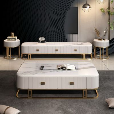 Leather Sintered Stone Rectangle TV Stand/TV Unit with Sled Metal Legs