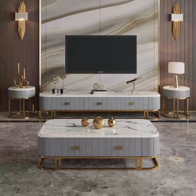 Leather Sintered Stone Rectangle TV Stand/TV Unit with Sled Metal Legs