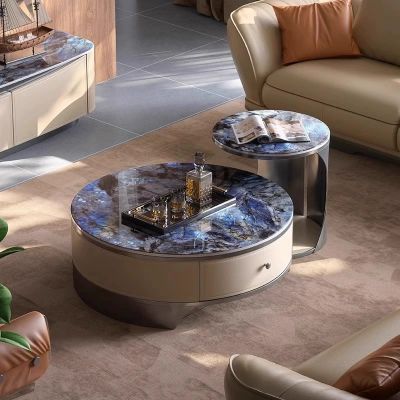 Lux Sintered Stone/Marble Leather Round Coffee Table Set of 2