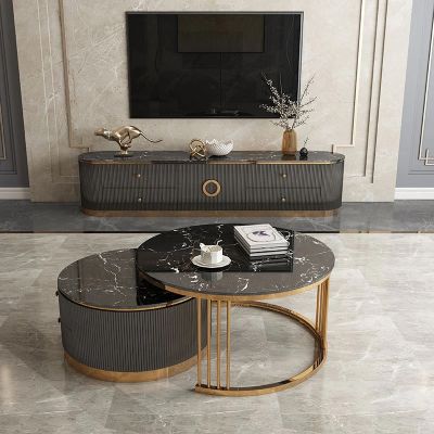Modern White/Black Sintered Stone and Stainless Steel Metal Frame Round Coffee Table Set of 2