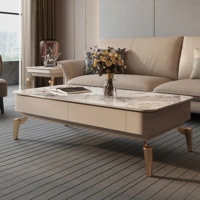 Glam Rectangle Coffee Table in Beige with Drawers