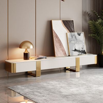 Beige Striped Sintered Stone Rectangular TV Stand/TV Unit with Metal Sled Legs