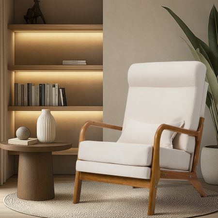 Armchair Linen Fabric Lounge Chair with Lumbar Pillow Beige