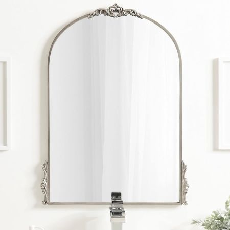 Ornate Antique Arch Framed Silver Wall Mirror 