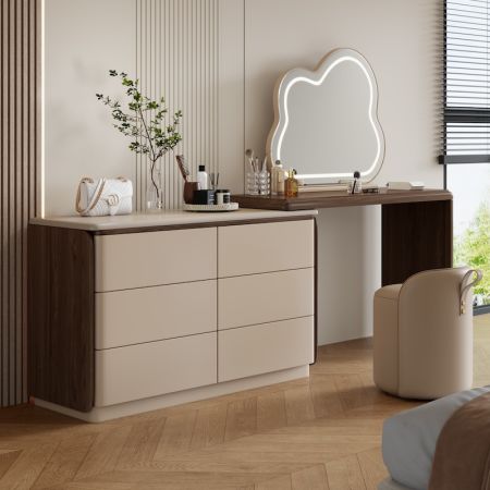 Oak-Effect Vanity Table & 6 Drawer Dresser Set with Mirror and Chair