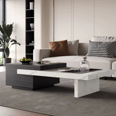 NeoSlide Extendable Black Wood and White Marble Look Rectangular Coffee Table