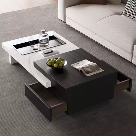 NeoSlide Extendable Black Wood and White Marble Look Rectangular Coffee Table