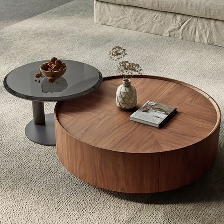 Luxury Walnut Veneer Round Coffee Table with Hidden Storage Drawers