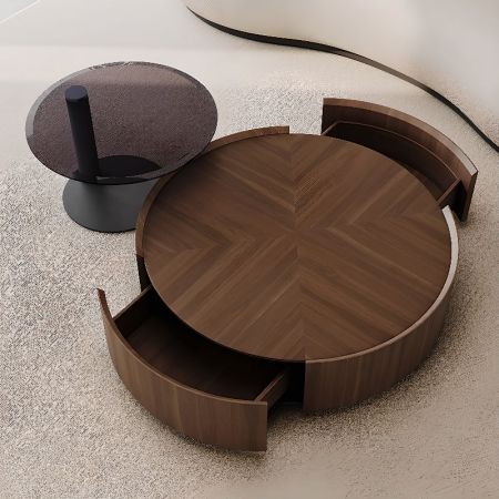 Luxury Walnut Veneer Round Coffee Table with Hidden Storage Drawers