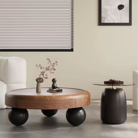 Modern Walnut Round Coffee Table with Drawer and Ball Base Set of 2