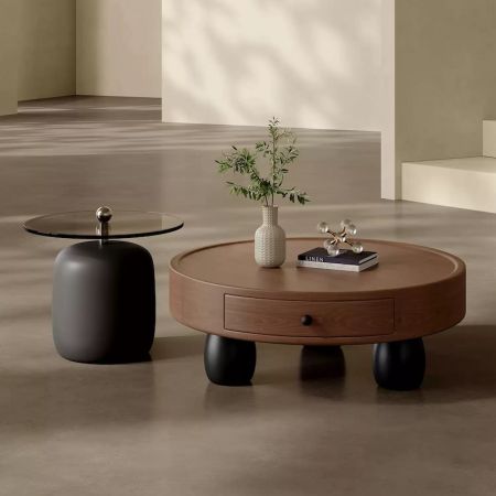 Modern Walnut Round Coffee Table with Drawer and Ball Base Set of 2