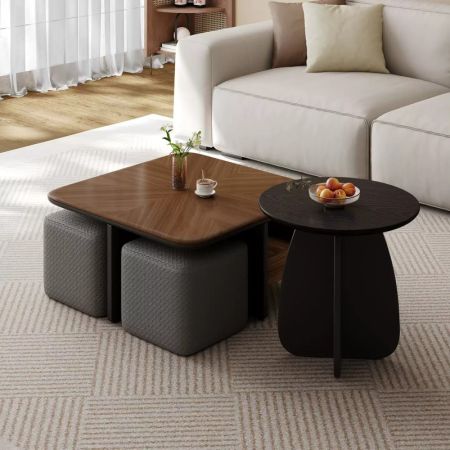 Serenity Vintage Style Wood Coffee Table with Stools Set of 2