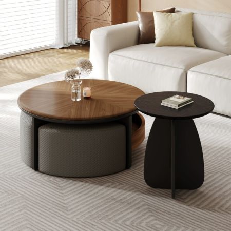 Serenity Vintage Style Wood Coffee Table with Stools Set of 2