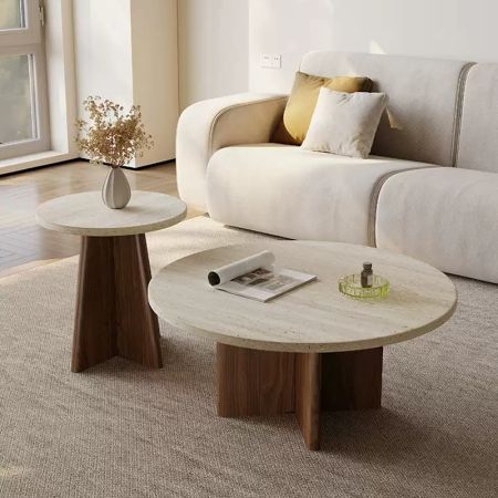 Minimalist Cavern Stone Round Coffee Table Set of 2