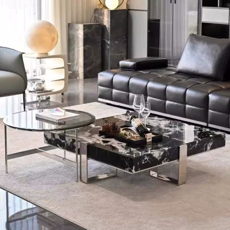 Bvlgari Black Marble Coffee Table Set of 2 with Stainless Steel Base