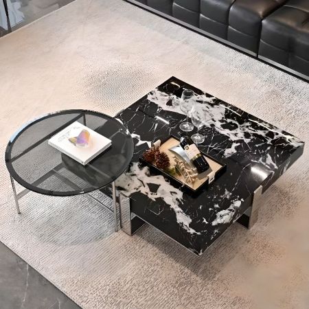 Bvlgari Black Marble Coffee Table Set of 2 with Stainless Steel Base