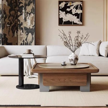 Designer Style Sun Goddess Walnut Square Coffee Table with Lazy Susan