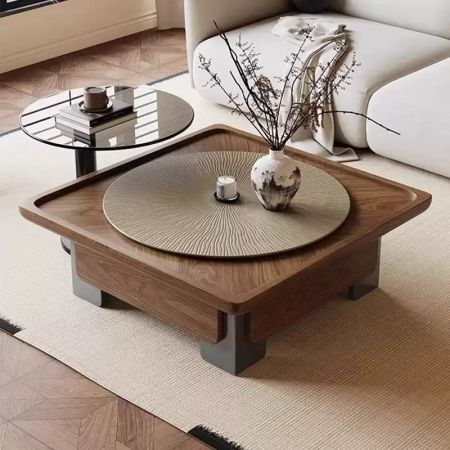 Designer Style Sun Goddess Walnut Square Coffee Table with Lazy Susan