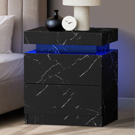 Bedside Table 2 Drawers LED Nightstand Marble Effect Black / White