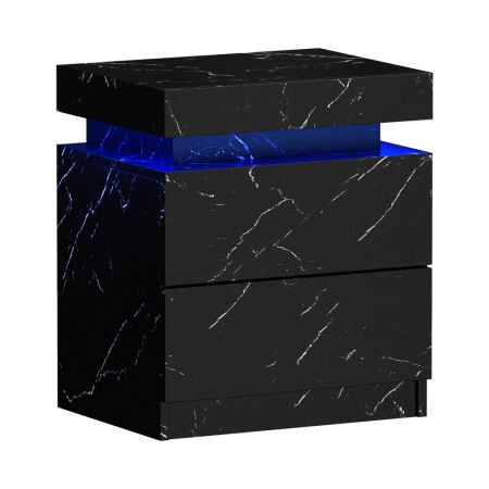 Bedside Table 2 Drawers LED Nightstand Marble Effect Black / White