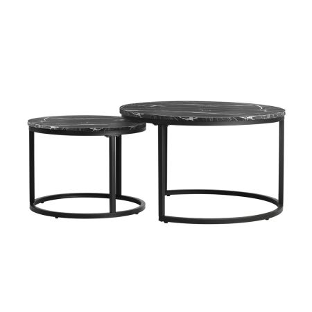 Set of 2 Nesting Coffee Table Round Marble Black&White