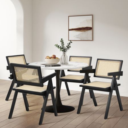 Oikiture 2x Dining Chairs Rattan Chair Wooden Black