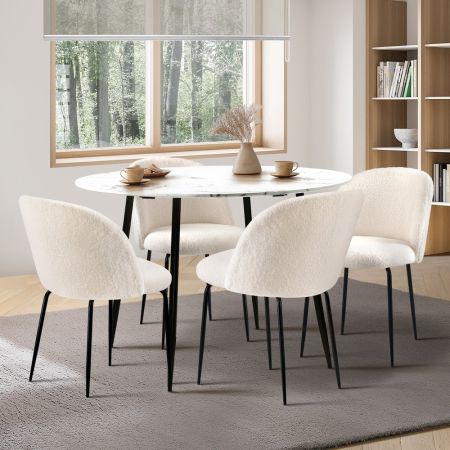 Round Dining Table & 4PCS Dining Chairs White Sherpa
