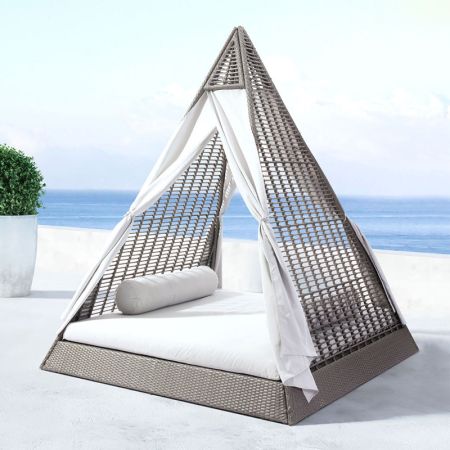 Metal Frame Rattan Woven Outdoor Canopy Bed With Curtain