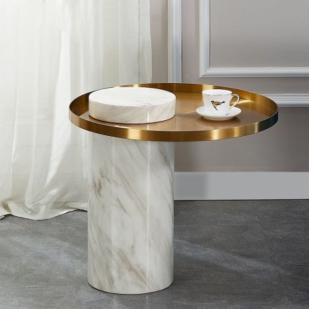 Black/White Gold Round Marble & Metal Plate Side Table 