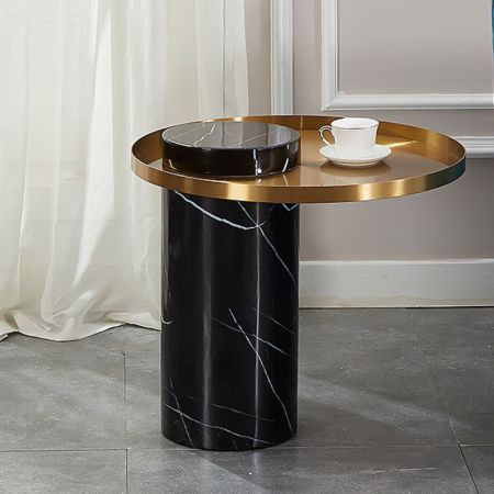 Black/White Gold Round Marble & Metal Plate Side Table 