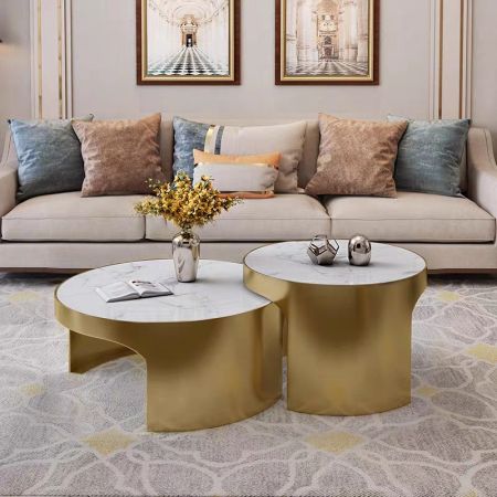 Italian Style Gold & Marble Designer Round Coffee Table Set of 2